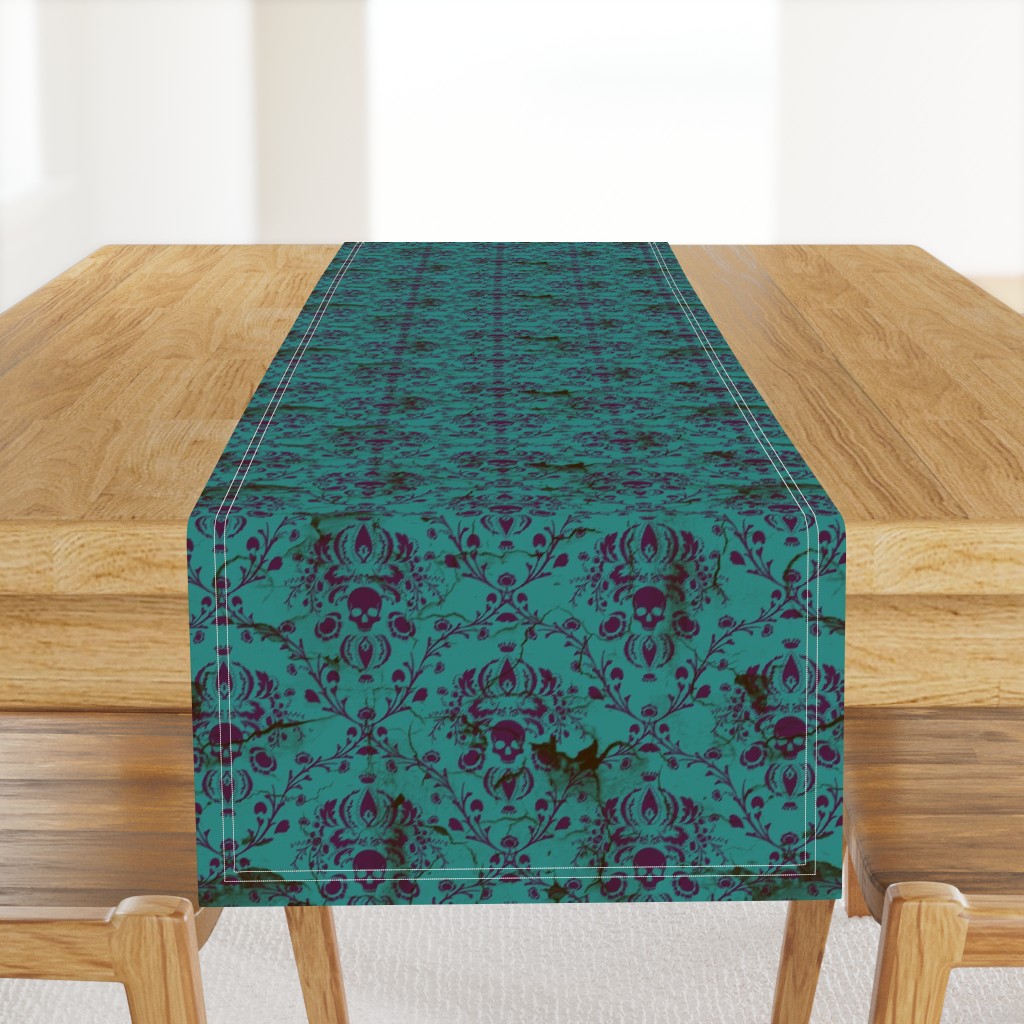 Purple on Teal Damask Skull Distressed