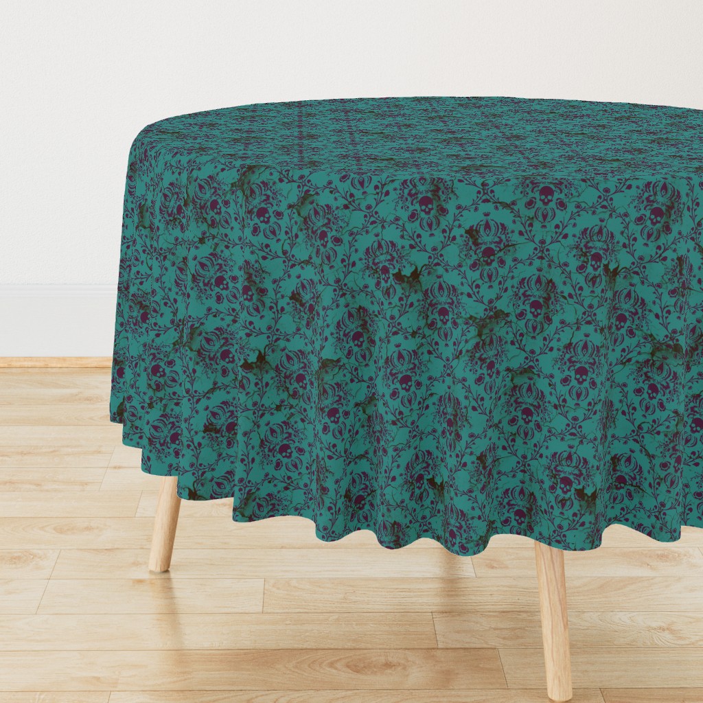 Purple on Teal Damask Skull Distressed