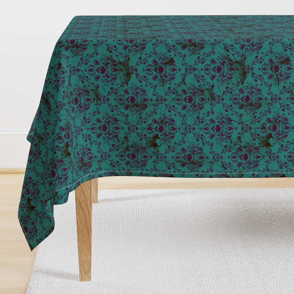 Purple on Teal Damask Skull Distressed