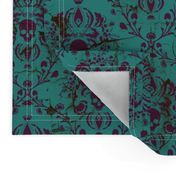 Purple on Teal Damask Skull Distressed