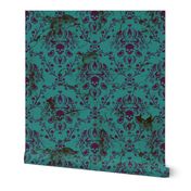 Purple on Teal Damask Skull Distressed