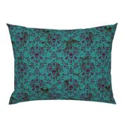 Purple on Teal Damask Skull Distressed