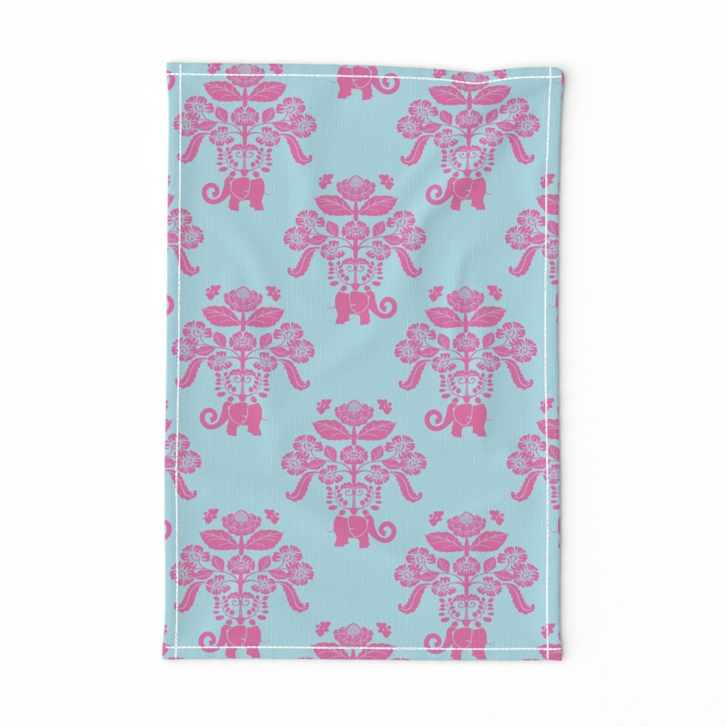 Elephants In My Garden Damask in pink and aqua