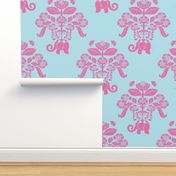 Elephants In My Garden Damask in pink and aqua