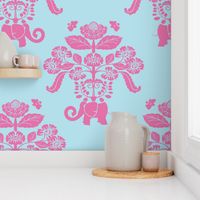 Elephants In My Garden Damask in pink and aqua