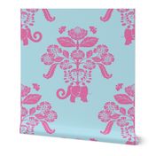 Elephants In My Garden Damask in pink and aqua