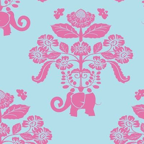 Elephants In My Garden Damask in pink and aqua