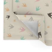 sparrows in flight - aqua / pink / beige / brown / grey