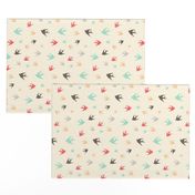 Sparrows in flight - aqua / coral / beige / brown / grey