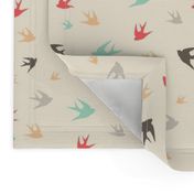 Sparrows in flight - aqua / coral / beige / brown / grey