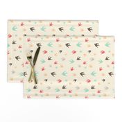 Sparrows in flight - aqua / coral / beige / brown / grey