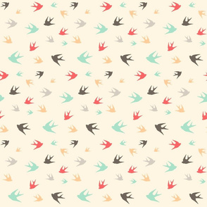 Sparrows in flight - aqua / coral / beige / brown / grey