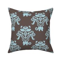 Elephants in my Garden Damask in Aqua and Brown