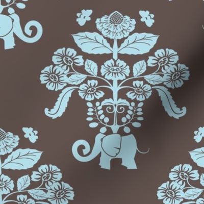 Elephants in my Garden Damask in Aqua and Brown