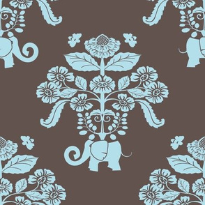 Elephants in my Garden Damask in Aqua and Brown