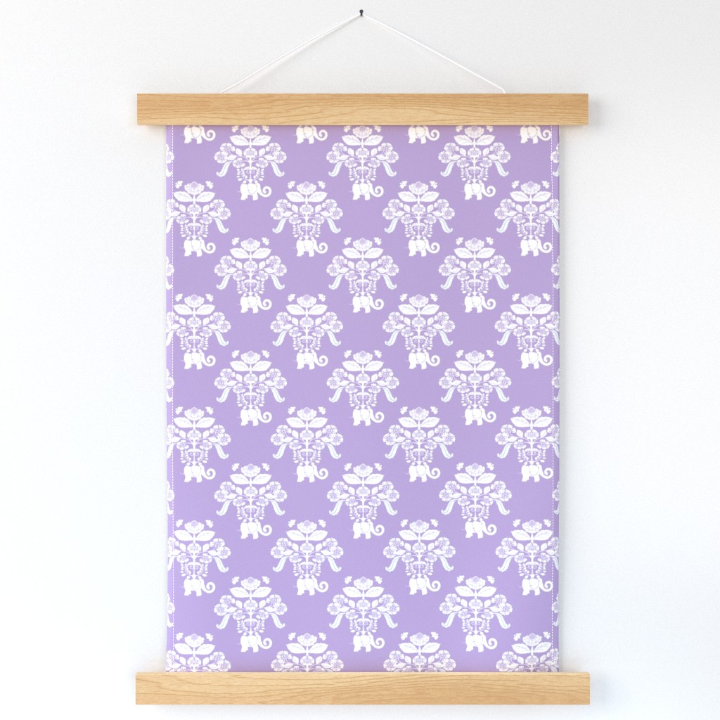 Elephants in my Garden Damask in Lavender and White