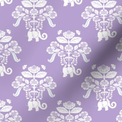 Elephants in my Garden Damask in Lavender and White