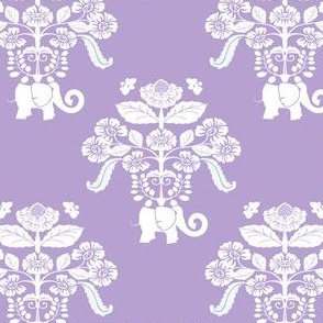 Elephants in my Garden Damask in Lavender and White