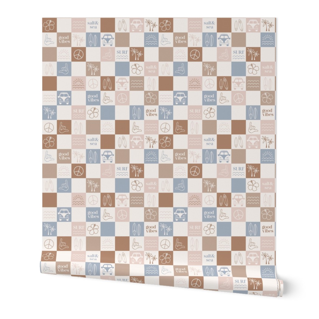Surf paradise checkerboard - peace van palm trees and waves sea and salt theme summer vacation adventures tan beige brown blue 