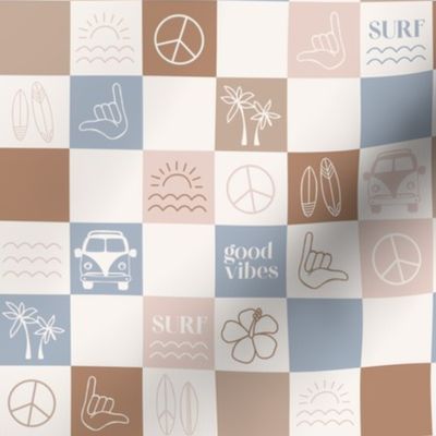 Surf paradise checkerboard - peace van palm trees and waves sea and salt theme summer vacation adventures tan beige brown blue 