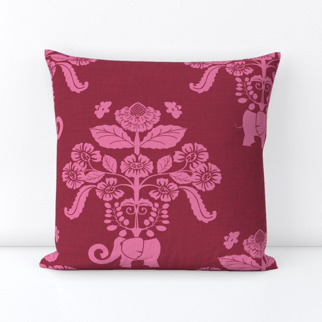 Elephants in My Garden Linen Berry Damask (large scale)