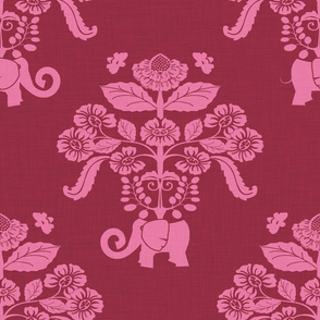 Elephants in My Garden Linen Berry Damask (large scale)