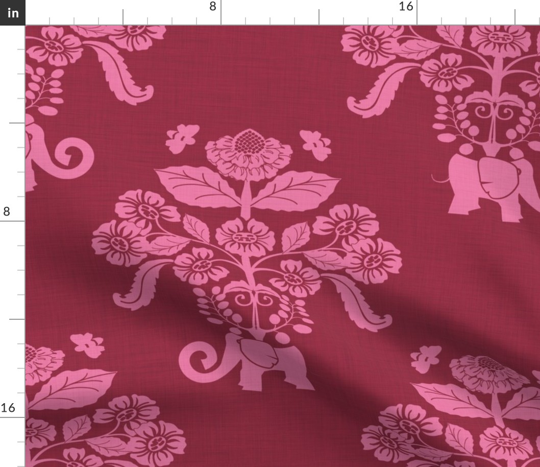 Elephants in My Garden Linen Berry Damask (large scale)