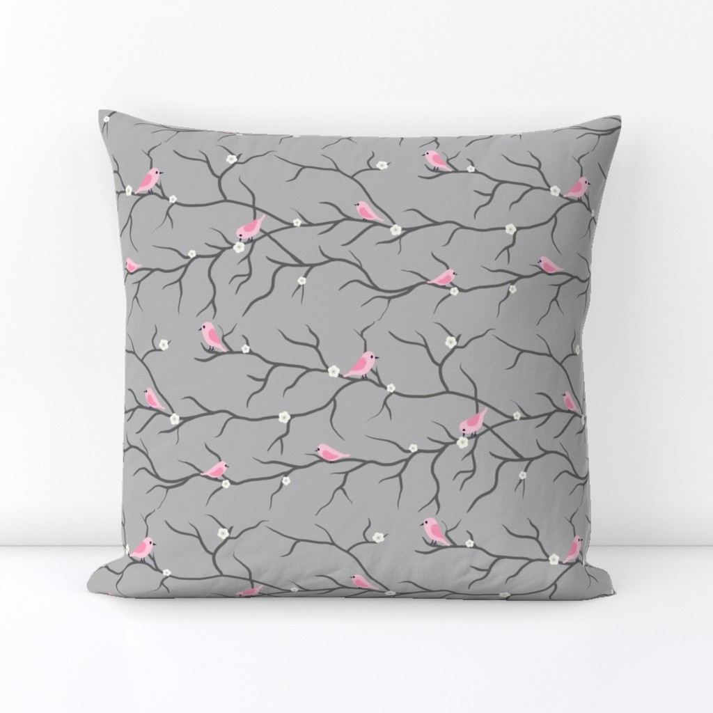 Personalised Name Fabric Coordinate - Birds on Branches Pink Grey