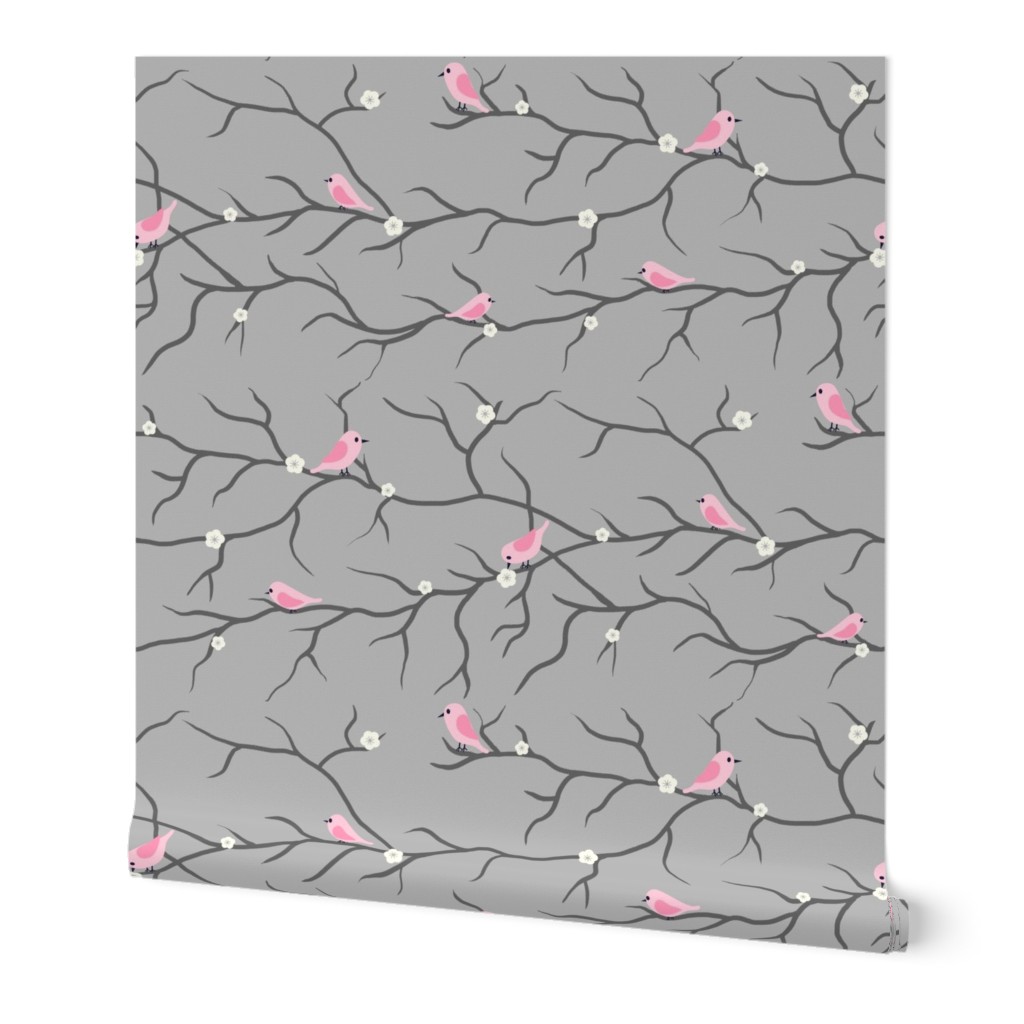 Personalised Name Fabric Coordinate - Birds on Branches Pink Grey