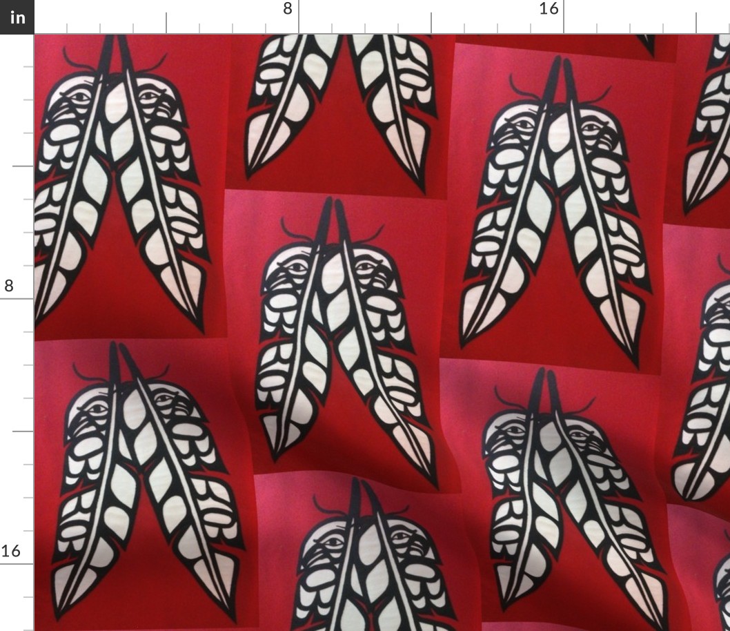 Eagle & Raven Feathers on Red