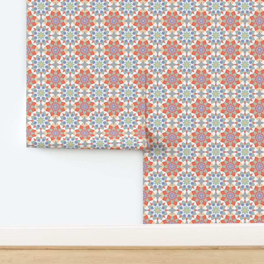 Geometric moroccan tiles in orange and purple pastel