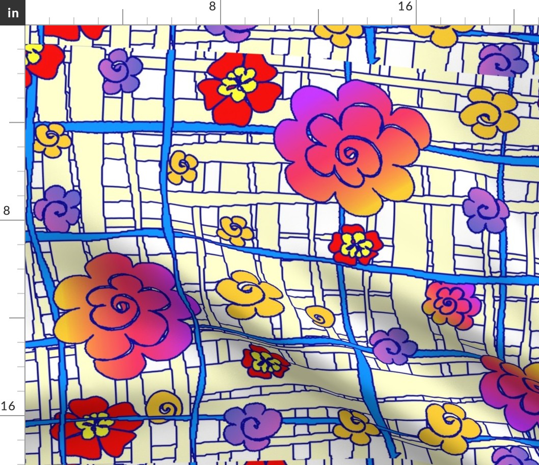 fabric_design_yellow_plaid_purple_blue_red_flowers