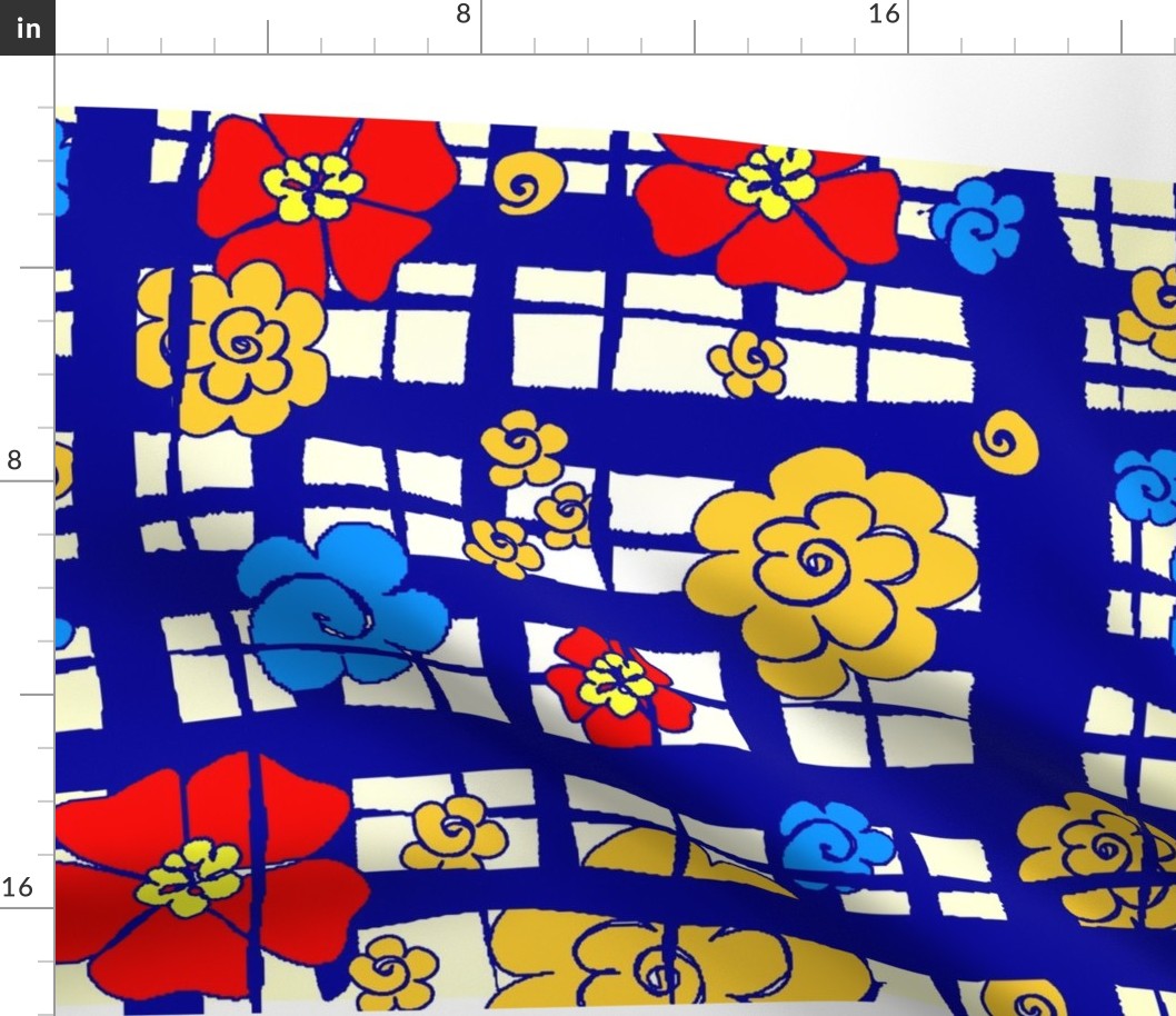 fabric_design_blue_plaid_flowers