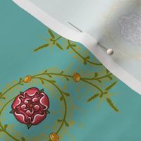 Illuminated Manuscript Flowers and Vines on Teal