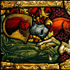 Heraldric Stained Glass Window with Woman and Boar