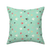 Sparrows in flight - coral / cream / beige / brown on aqua