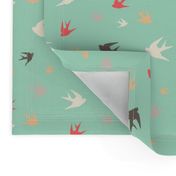 Sparrows in flight - coral / cream / beige / brown on aqua