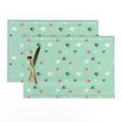 Sparrows in flight - coral / cream / beige / brown on aqua