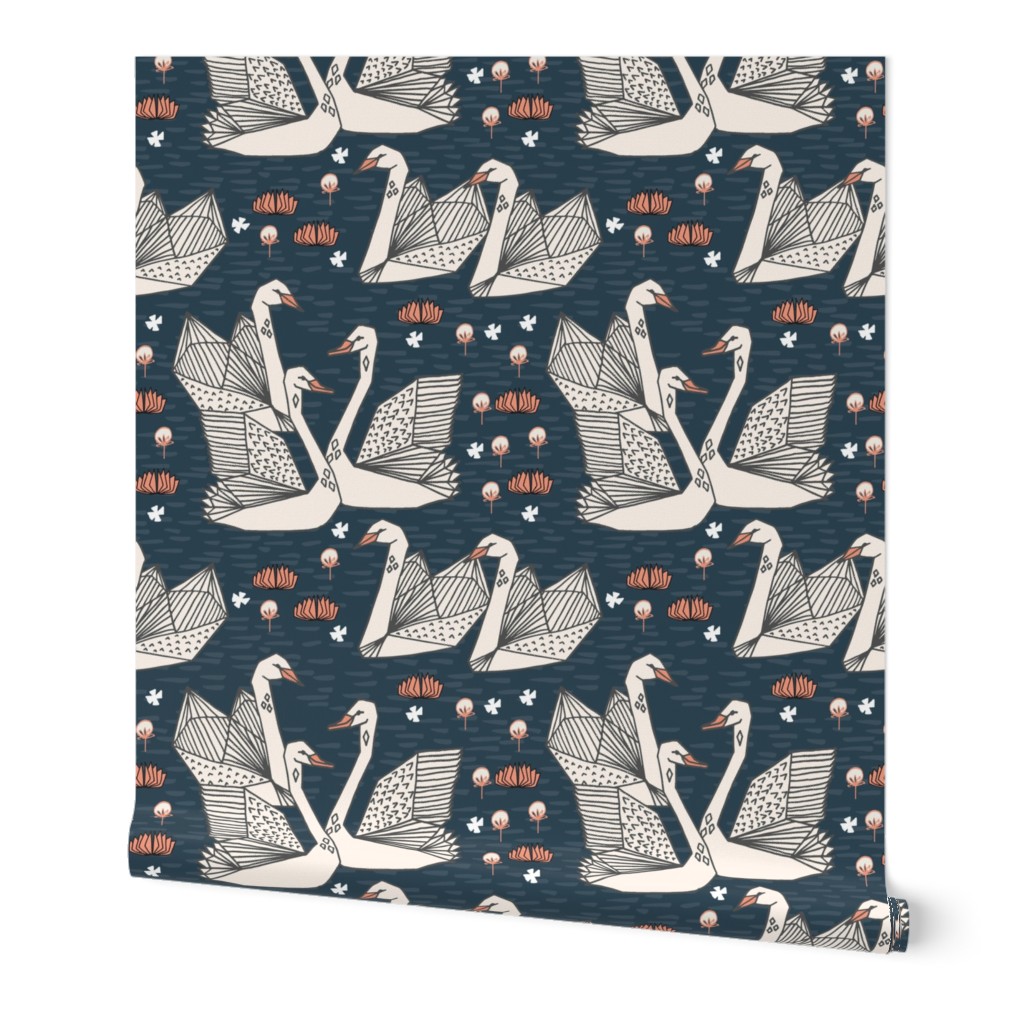 swans // lily pond swans geo dark blue navy blue swan bird girls sweet 