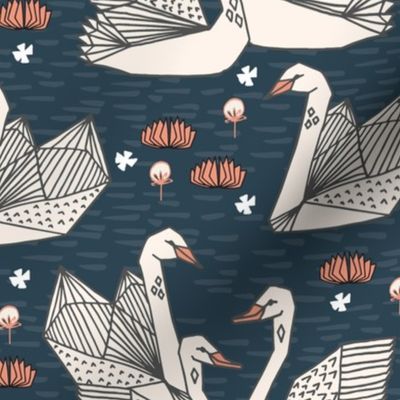 swans // lily pond swans geo dark blue navy blue swan bird girls sweet 