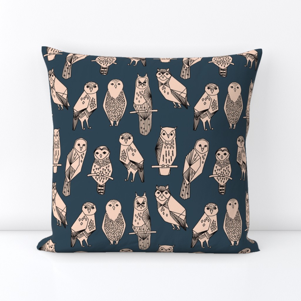owl // blush and navy hand-drawn illustration bird owl by Andrea Lauren