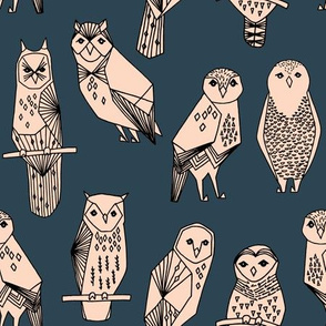 owl // blush and navy hand-drawn illustration bird owl by Andrea Lauren