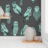 owls // grey and mint charcoal baby nursery hand-drawn illustration by Andrea Lauren