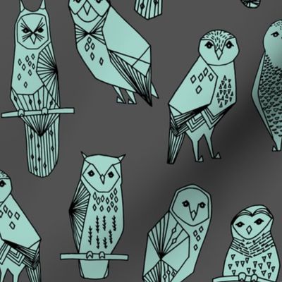 owls // grey and mint charcoal baby nursery hand-drawn illustration by Andrea Lauren