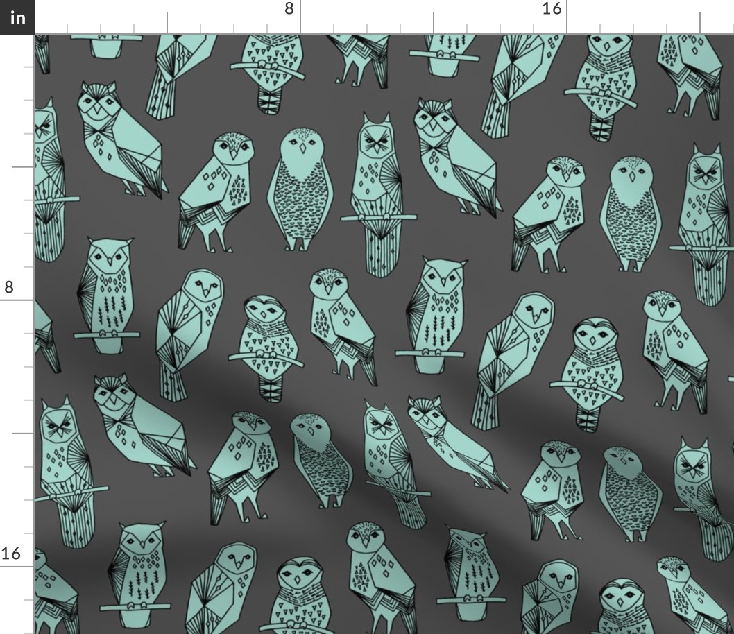 owls // grey and mint charcoal baby nursery hand-drawn illustration by Andrea Lauren