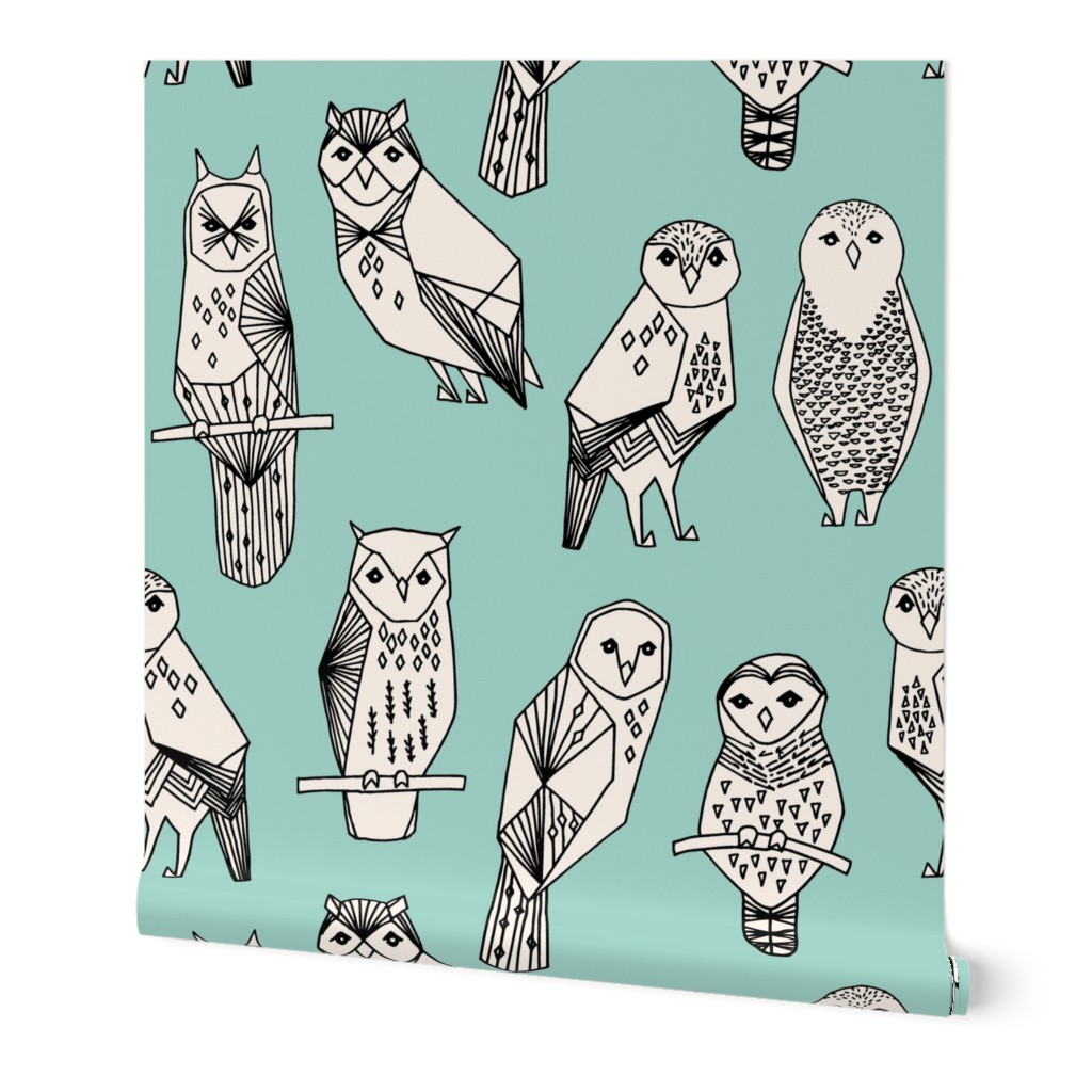 owl // hand-drawn bird illustration featuring hand-drawn illustration by Andrea Lauren mint and cream