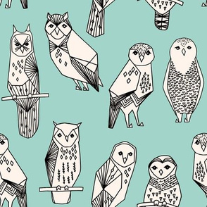 owl // hand-drawn bird illustration featuring hand-drawn illustration by Andrea Lauren mint and cream