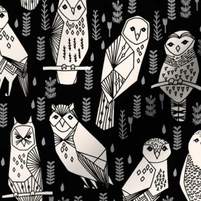 owl // black cream hand-drawn seamless bird owl illustration by Andrea Lauren
