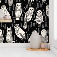 owl // black cream hand-drawn seamless bird owl illustration by Andrea Lauren