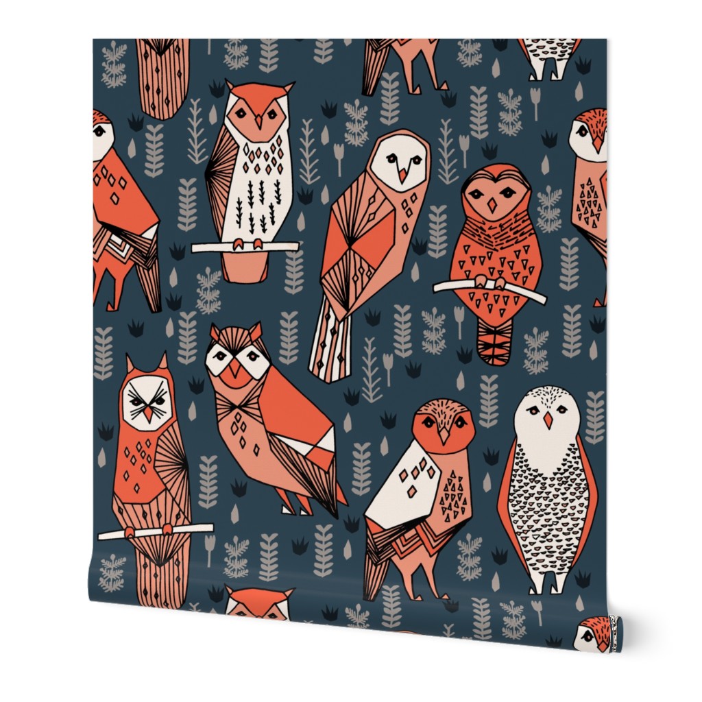 owls // navy blue orange coral hand-drawn illustration by Andrea Lauren